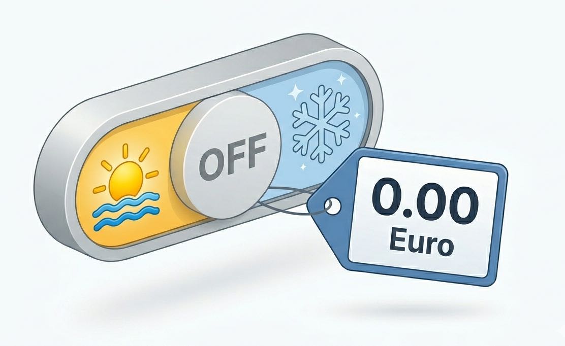 Kalenderansicht des Alooa Saison-Pause-Features: Vermieter markiert Wintermonate als Pause, keine Kosten außerhalb der Saison